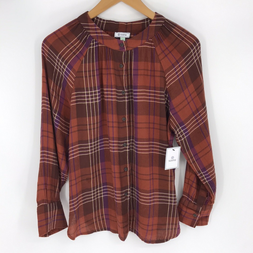 Susina Womens Plaid Long Sleeve Button Front Top Size Petite Small